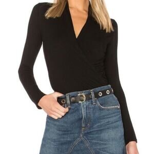 Enza Costa Black Wrap Front V Neck Long Sleeve Top XS
